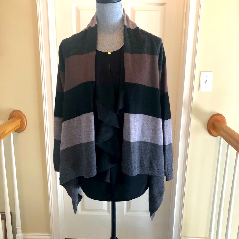 Carole Little 100% Italian Merino wool striped brown gray black shawl sweater
